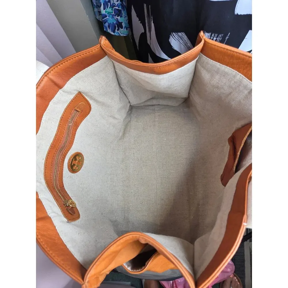 Tory Burch Ella Stripe Leather Quadrant Tote Bag (Classic Tan / Cuoio / White)